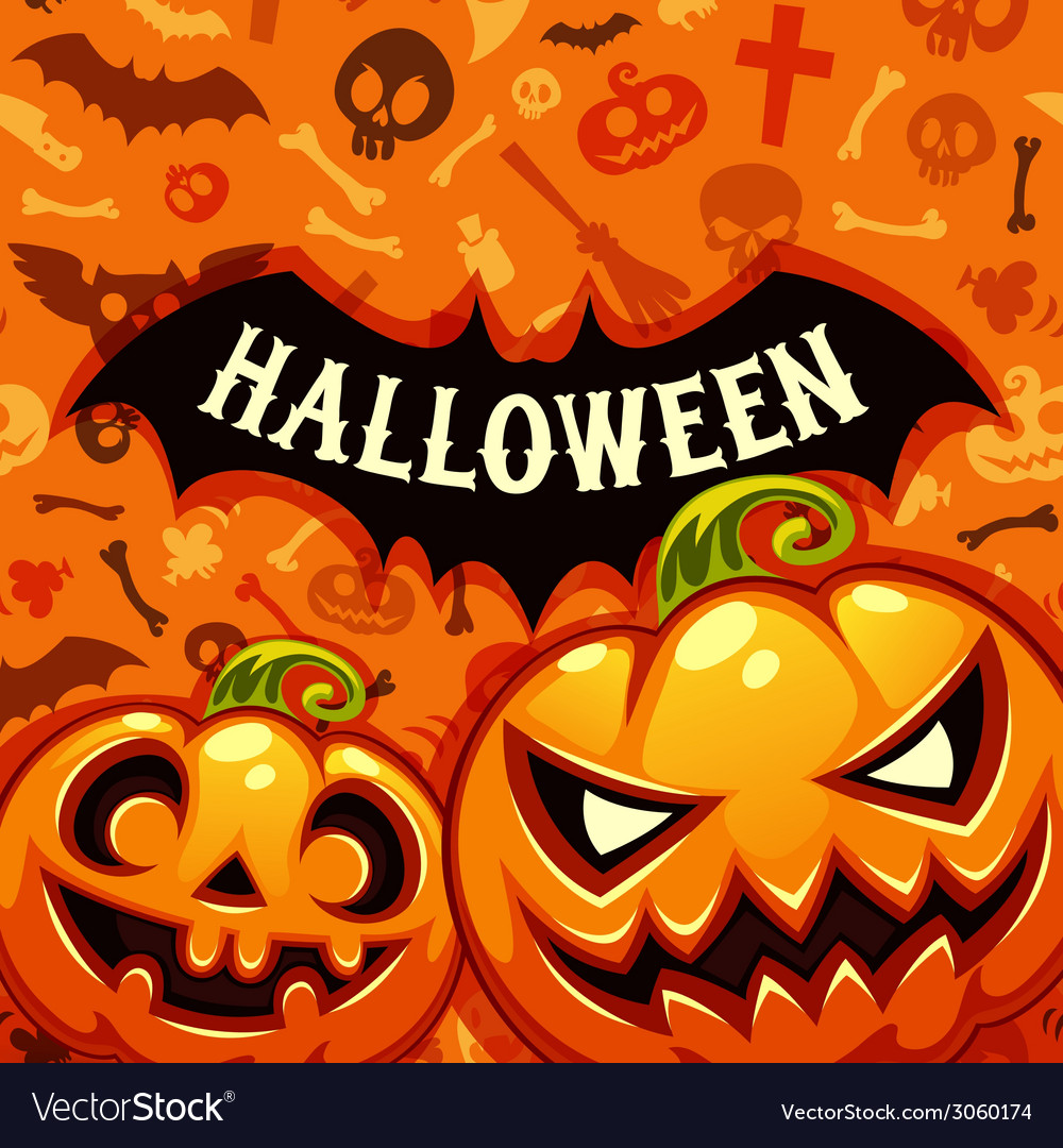 Halloween pumpkins card with bat silhouette Vector Image