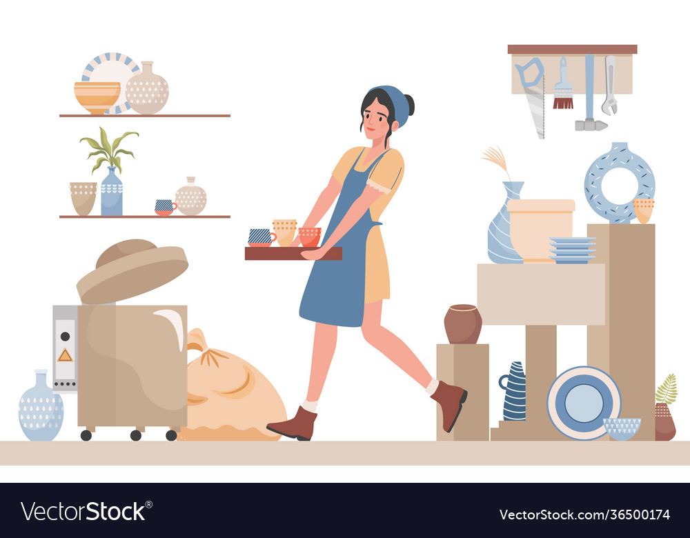 Woman clean pottery studio for lessons Royalty Free Vector