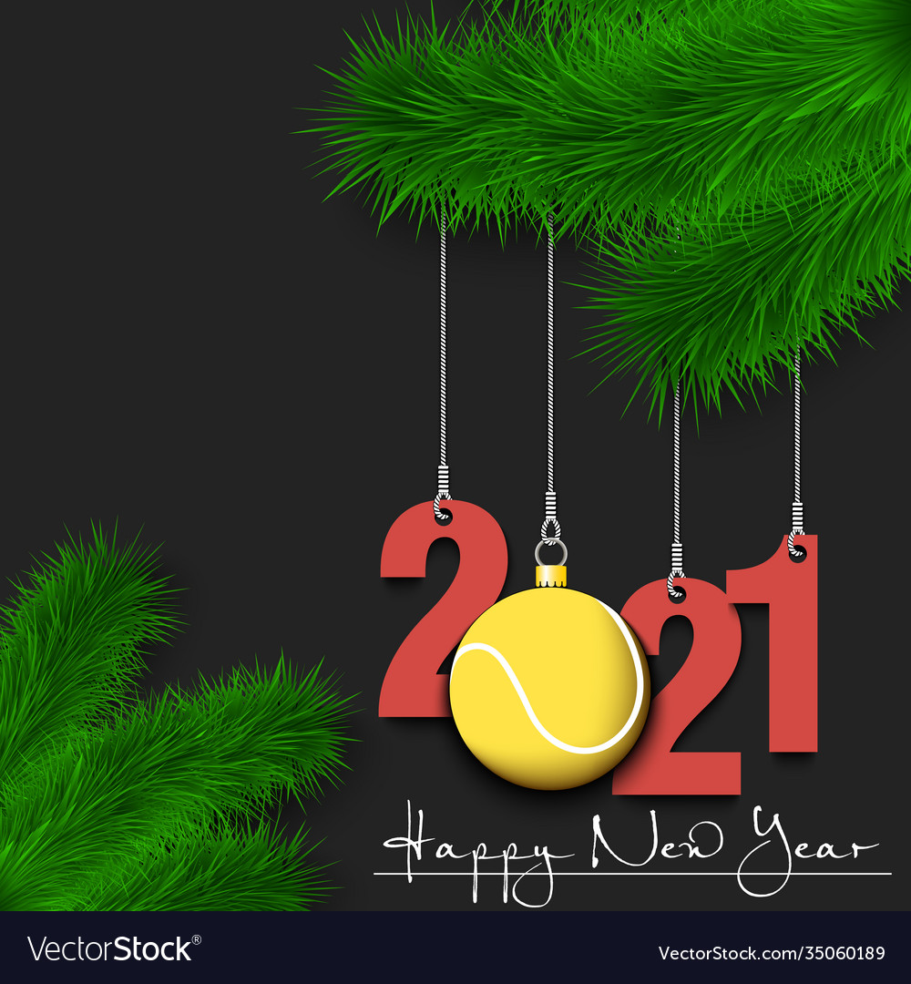 Tennis ball and 2021 on a christmas tree branch Vector Image