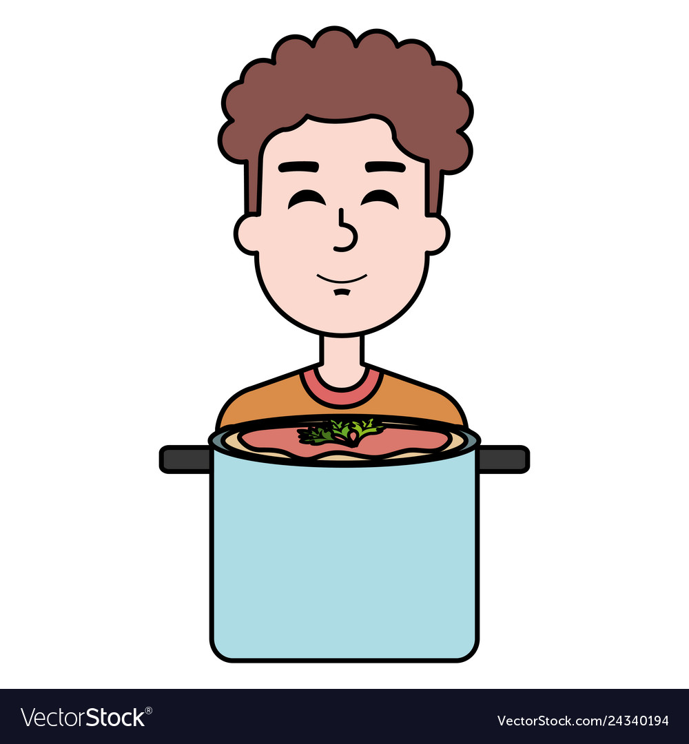 Man with kitchen pot cooking soup Royalty Free Vector Image
