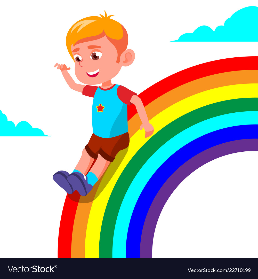 Cartoon kids sliding down a rainbow Royalty Free Vector