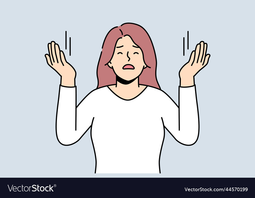 Young woman with hands raised praying Royalty Free Vector