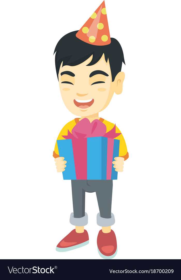 Asian boy in birthday cap holding gift box Vector Image