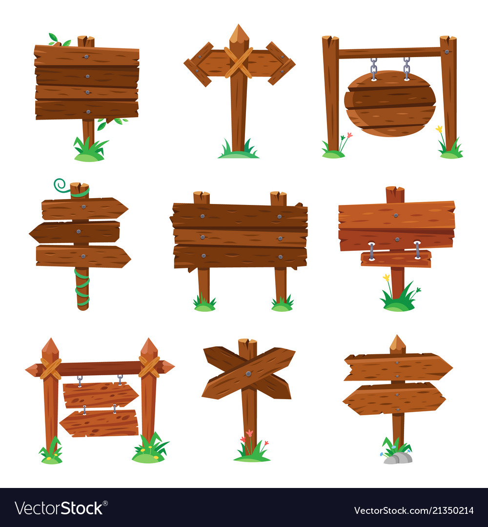 Sign boards in green grass wooden plank road Vector Image