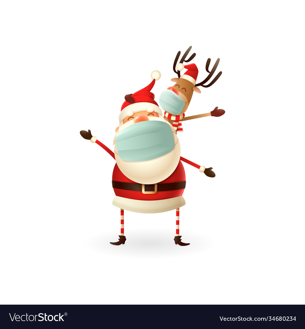 Santa claus and reindeer with antivirus masks