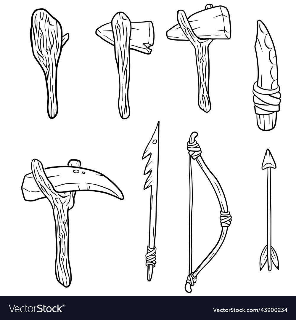 Set of items of primitive man and hunter Vector Image