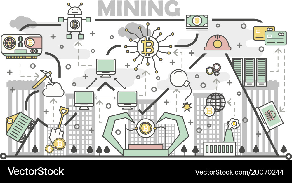 Bitcoin mining concept in flat Royalty Free Vector Image