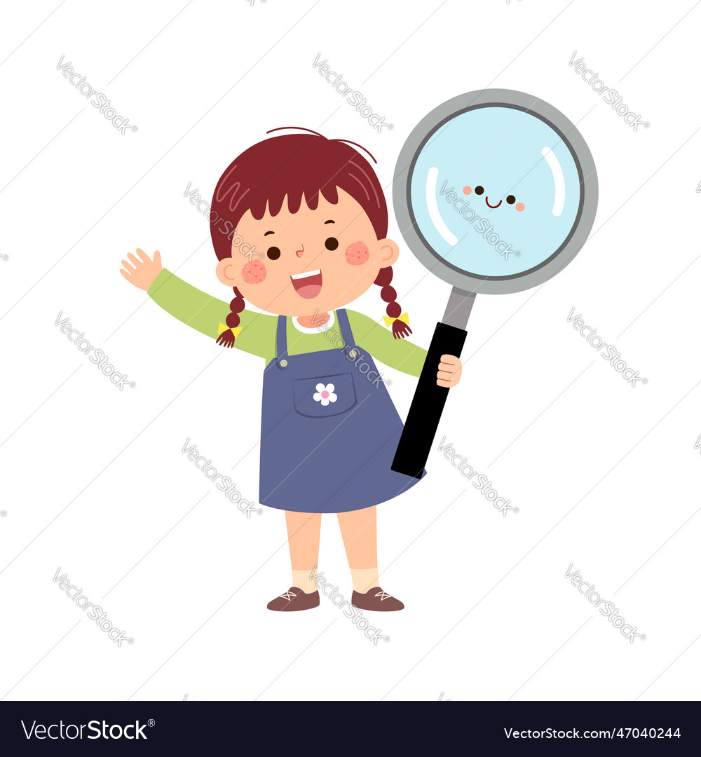 Cartoon little student girl with magnifying glass Vector Image