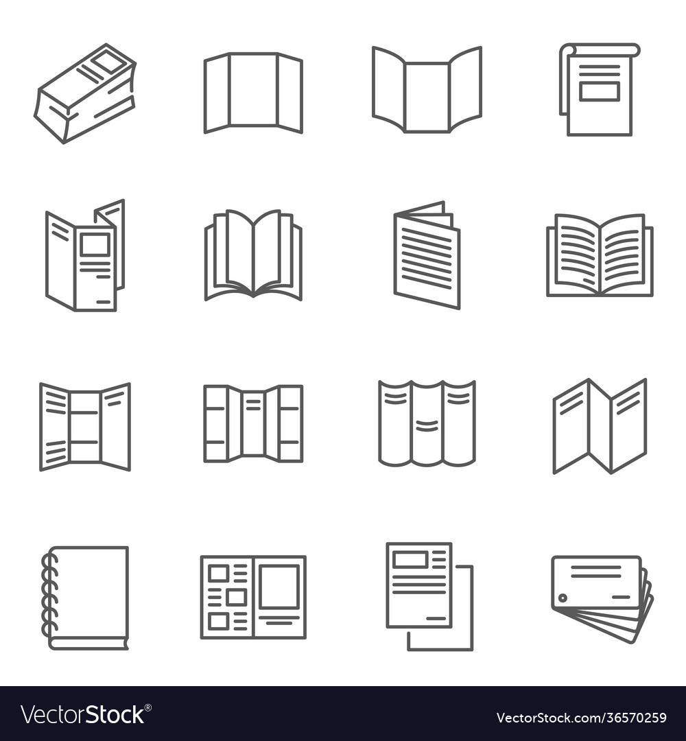 Booklet blank brochure thin line icons set vector image Booklet blank brochure thin line icons set