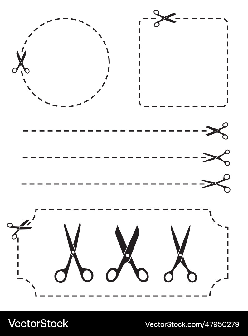 Set scissors with cut lines flat style - stock Vector Image