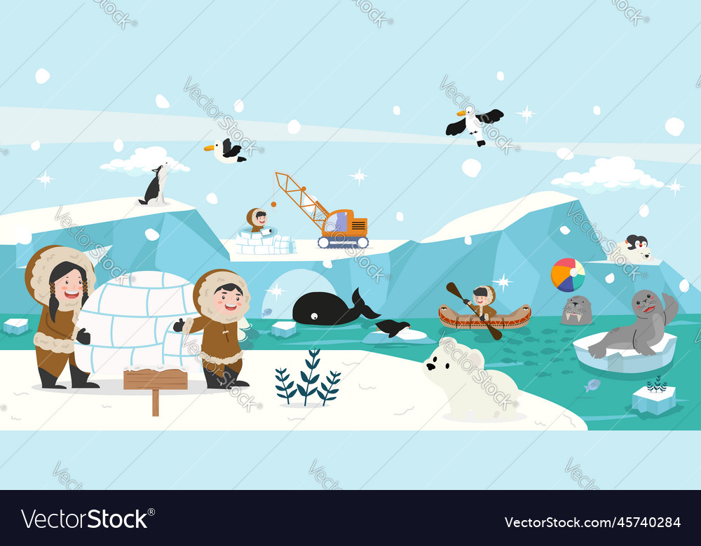 Eskimo with artic animal of iceberg background Vector Image