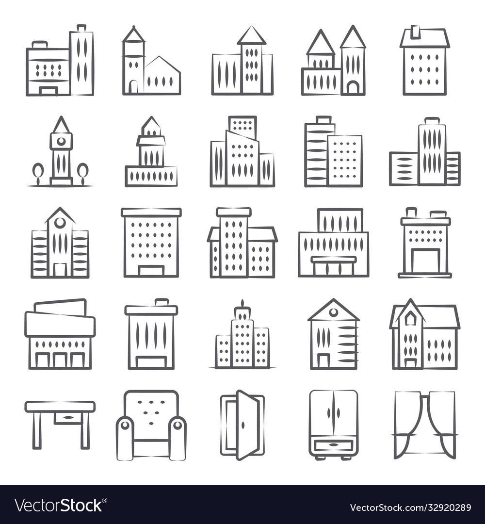 City buildings and interiors icons in modern line