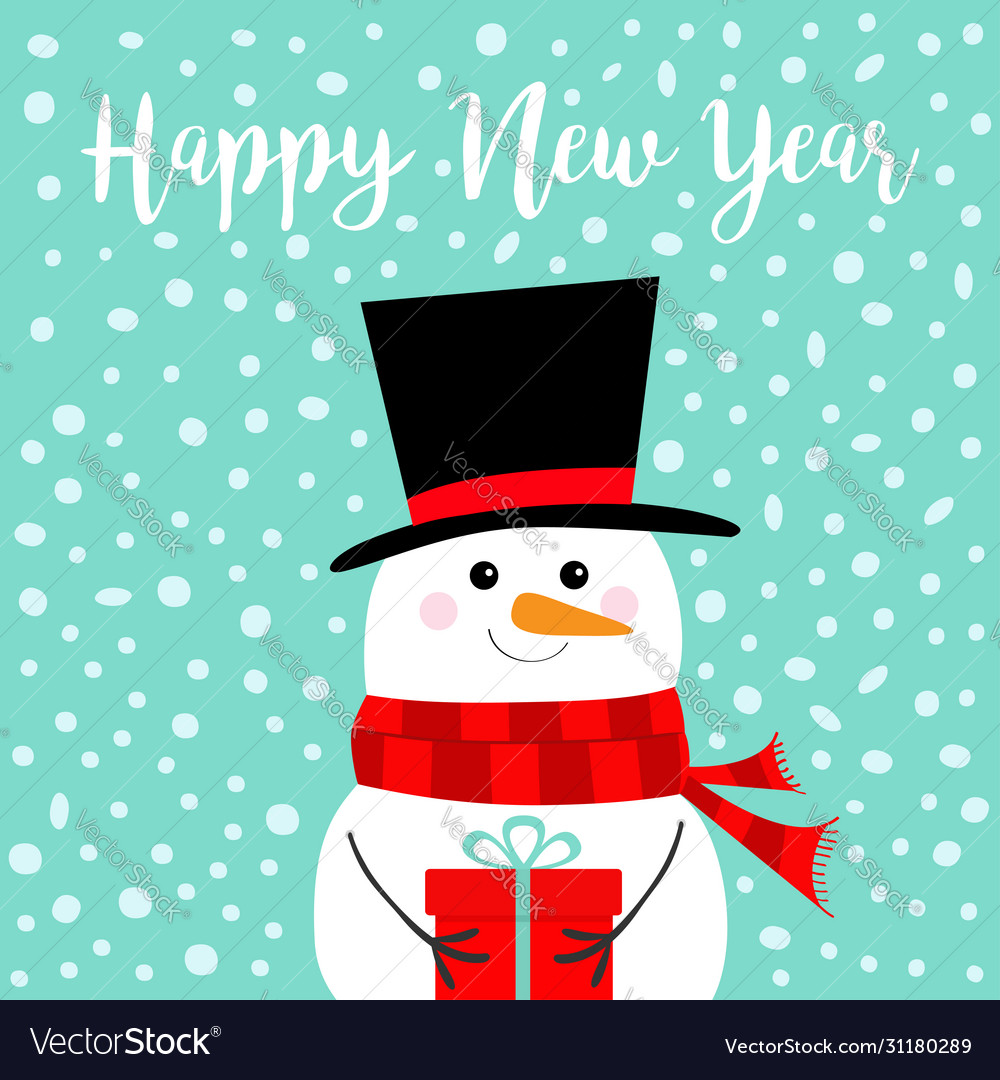 Happy new year snowman holding gift box present Vector Image