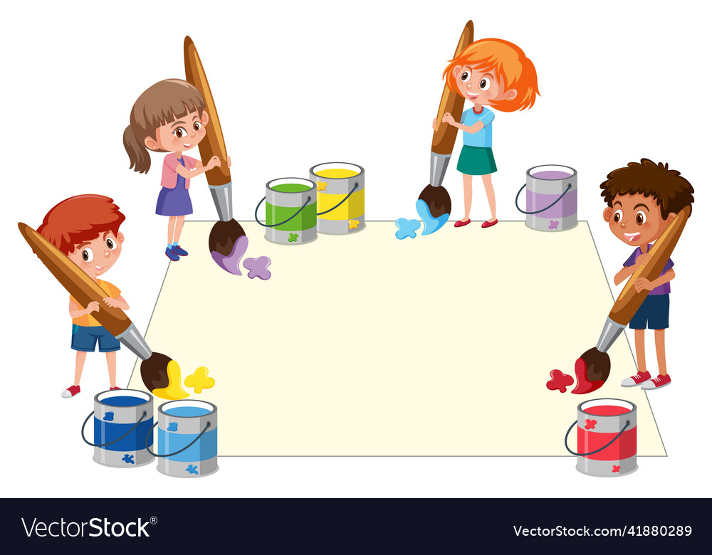 Many children holding colour brushes Royalty Free Vector