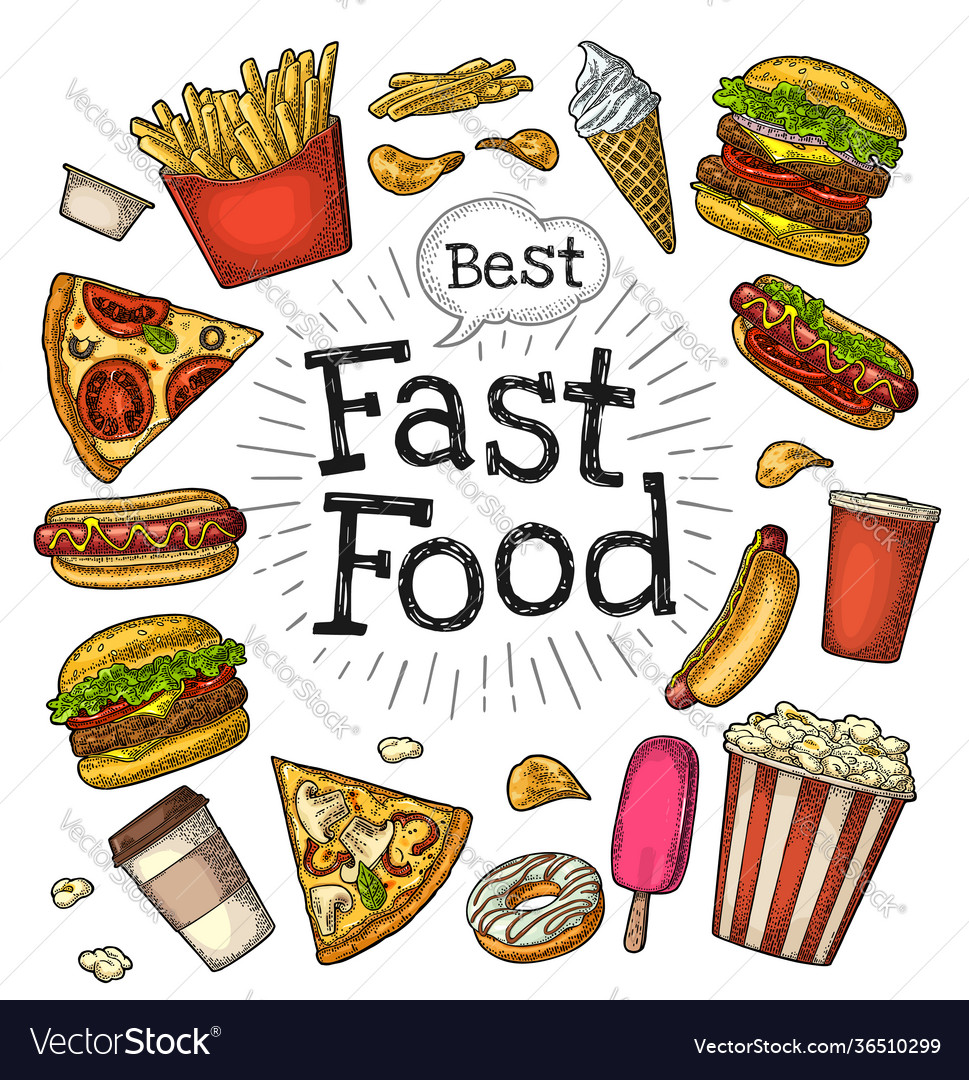 Set fast food coffee hamburger pizza hotdog Vector Image