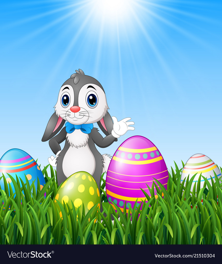 Easter bunny cartoon waving with eggs in th Vector Image