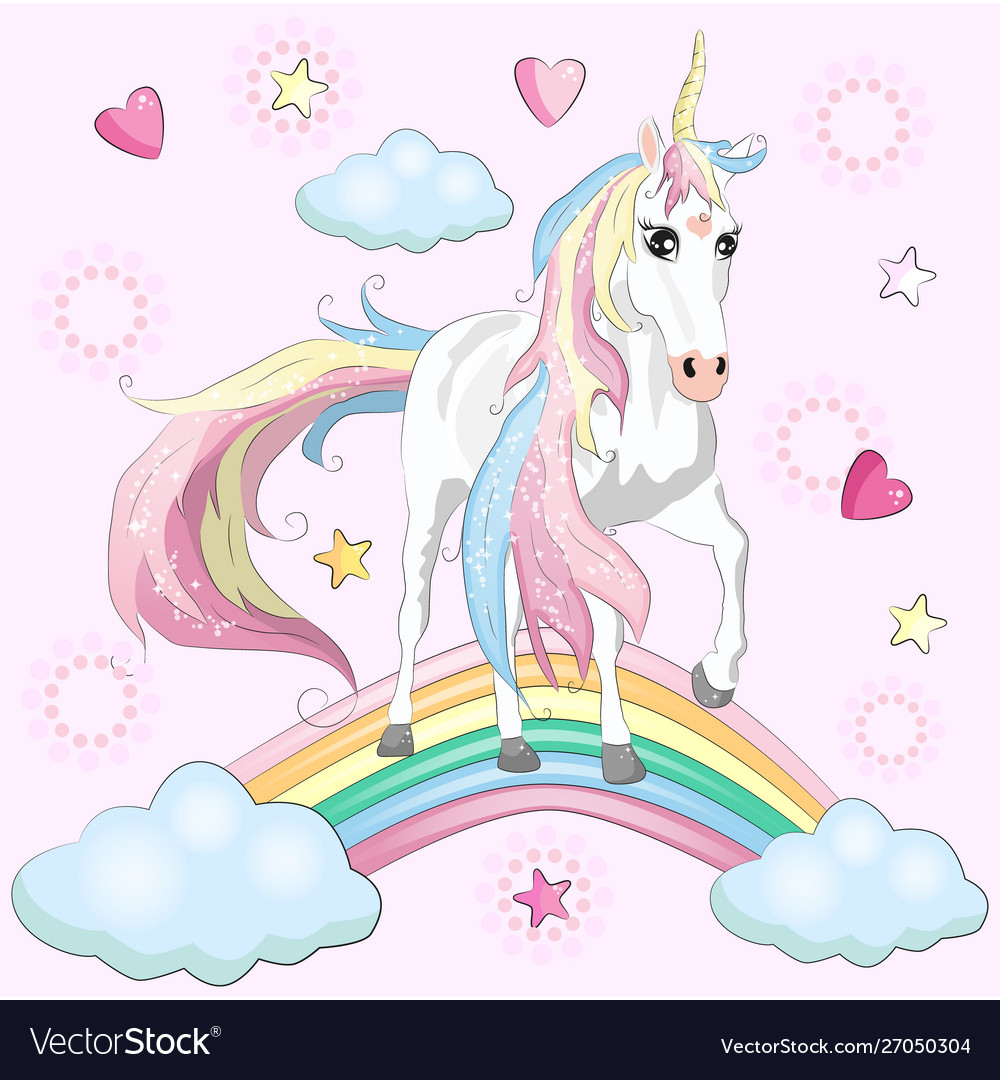 Magic Cute Unicorn Walking On Rainbow Doodle Vector Image