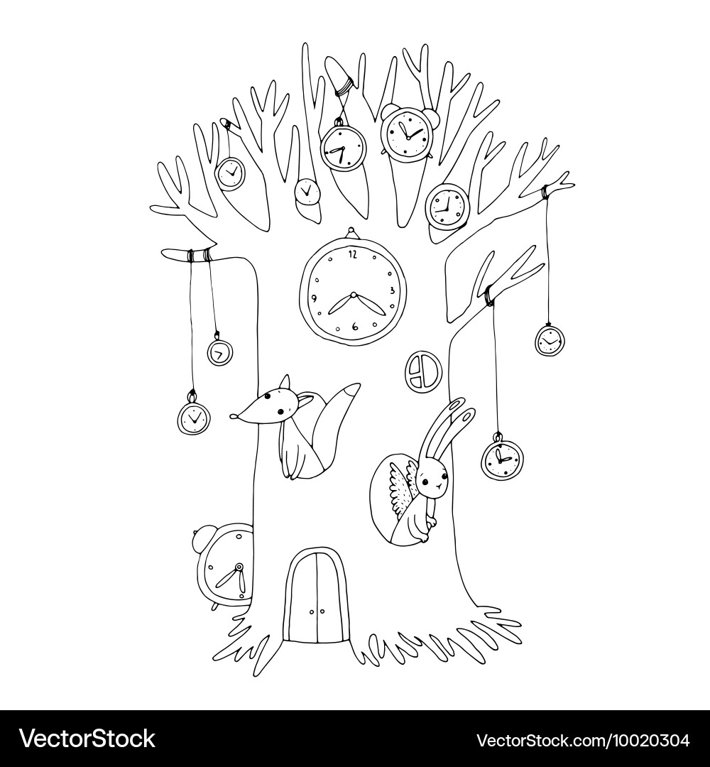 Magic tree clock fox and hare Royalty Free Vector Image