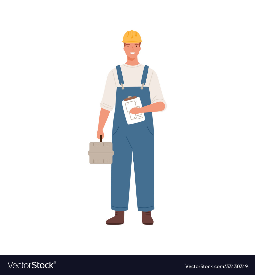 Builder man or engineer standing with toolkit in Vector Image