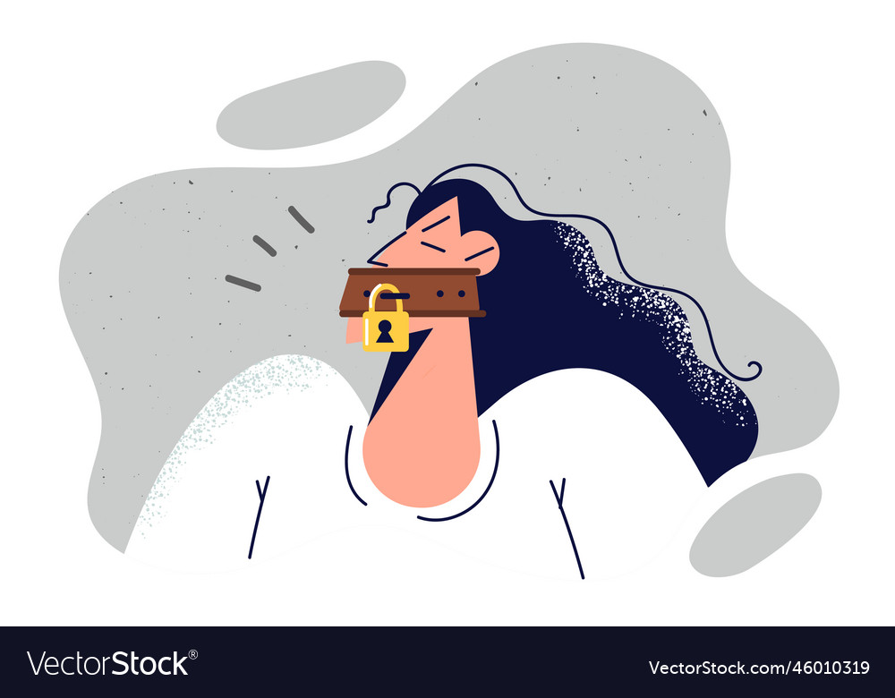 Woman with padlock near mouth to restrict freedom Vector Image