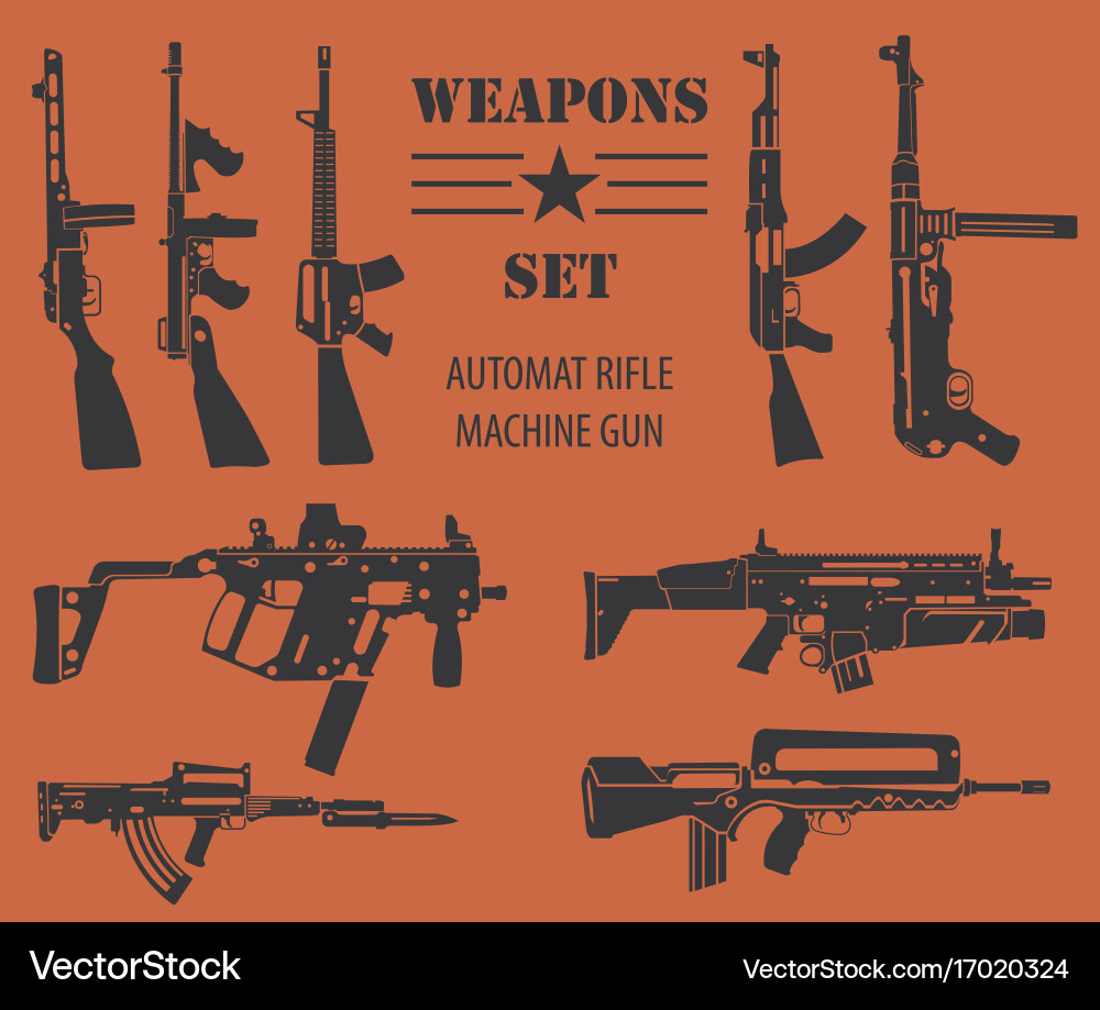 Firearm set automatic rifle machine gun flat Vector Image