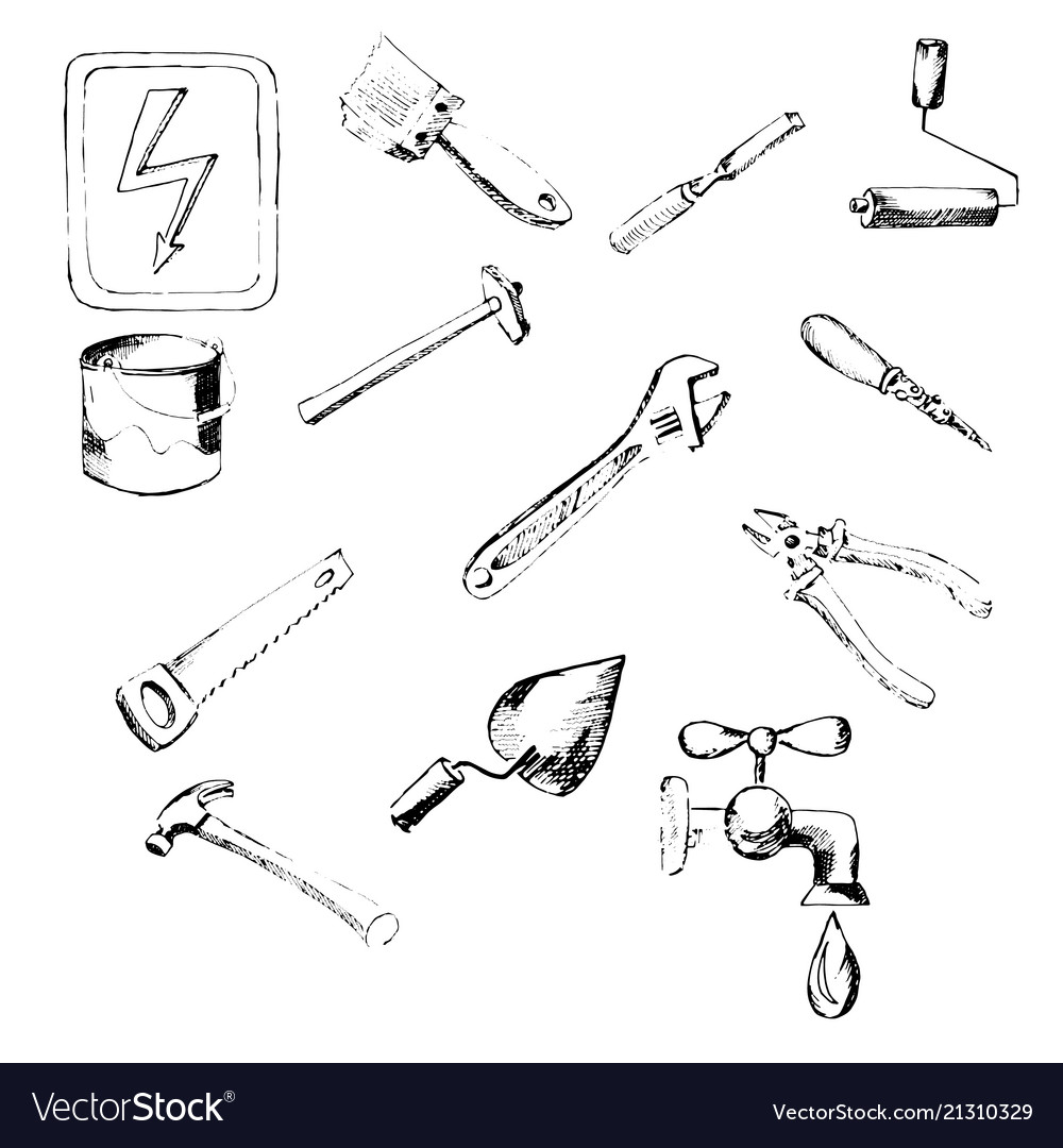 Building Tool Icons Hand-Drawn Pencil Sketch Vector Image