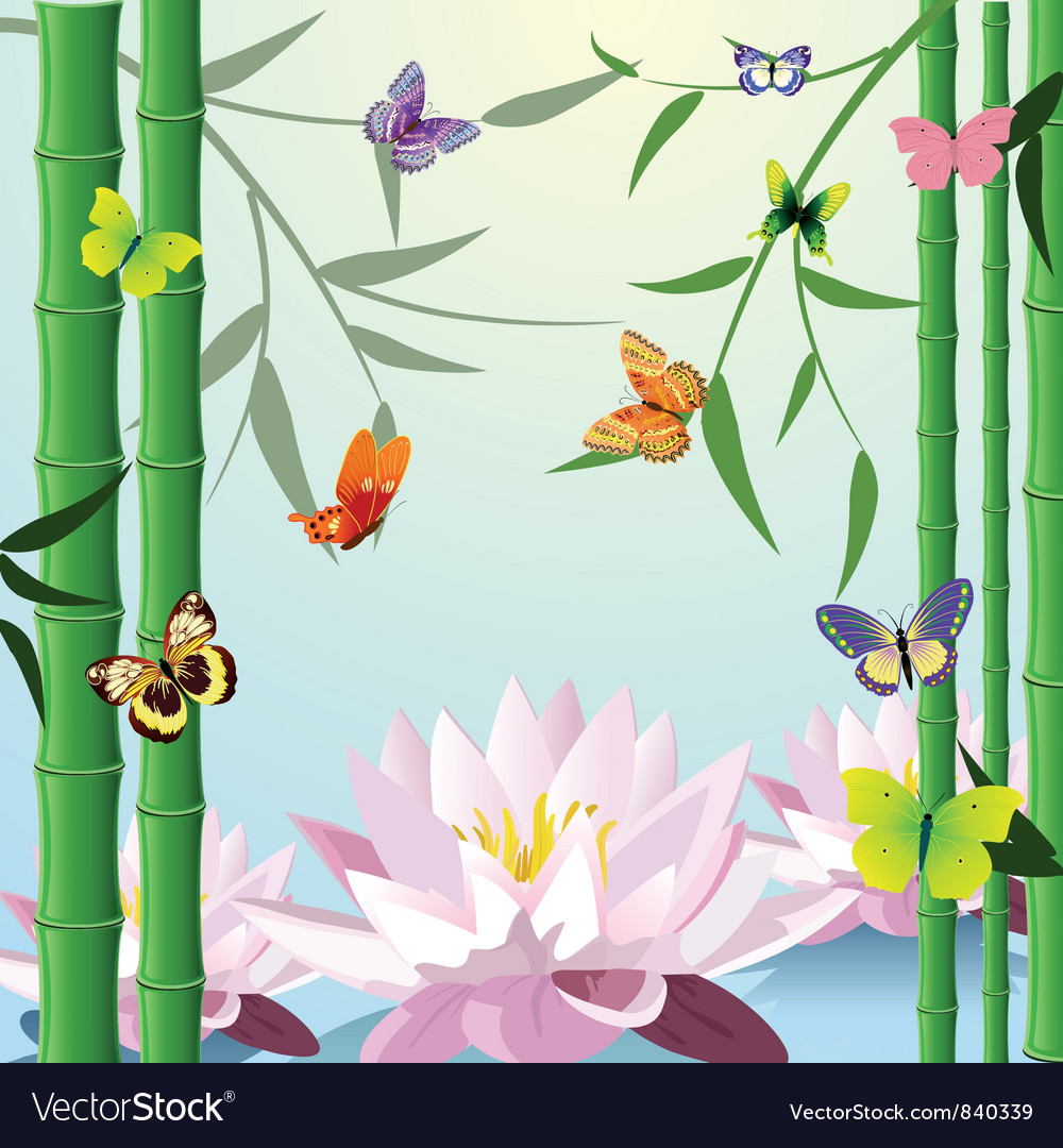 Bamboo lotus butterflies background Royalty Free Vector