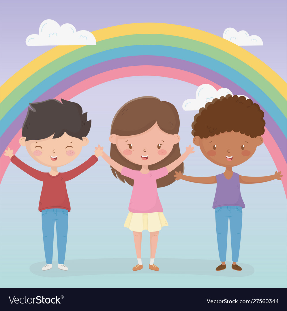 Happy children day boy and girls cheerful rainbow