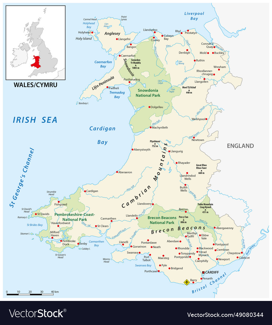 Map of the british country wales Royalty Free Vector Image