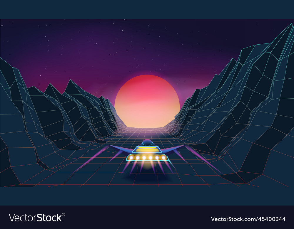 Retro space ship arcade game background neon Vector Image