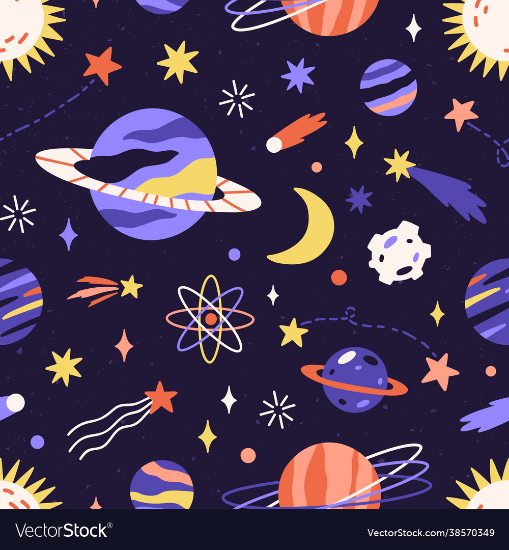 Seamless space pattern with planets and stars Vector Image