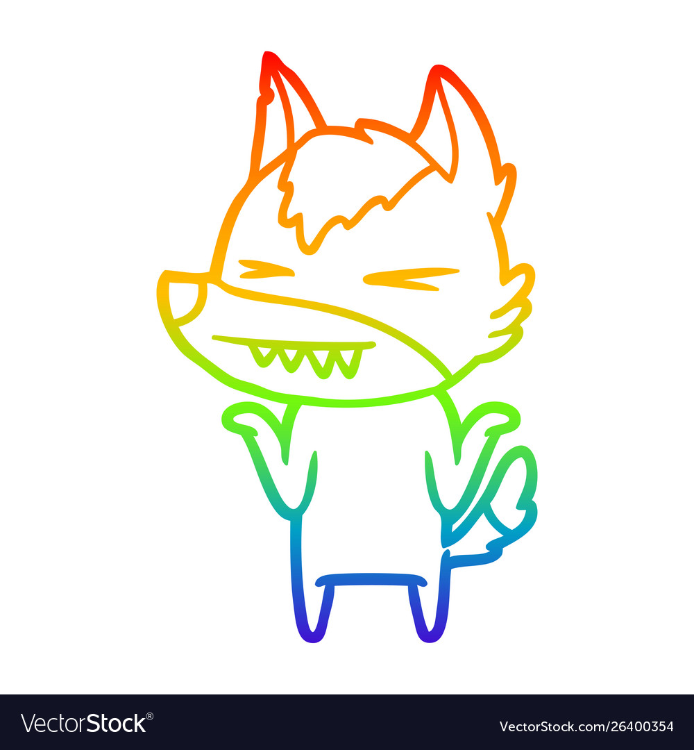 Rainbow gradient line drawing angry wolf cartoon Vector Image