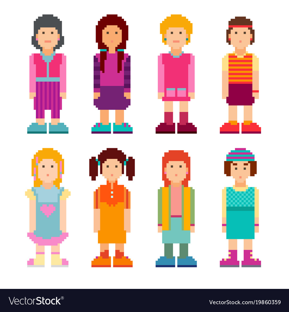 Colorful collection of pixel art female characters