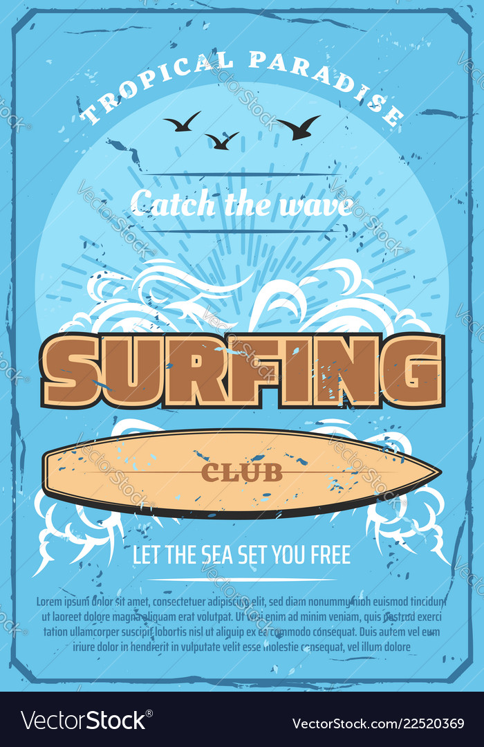 Surfing sport club retro poster sea and surfboard vector image Surfing sport club retro poster sea and surfboard