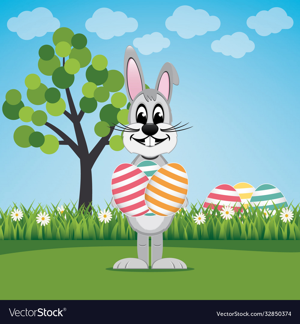 Bunny hold eggs on lawn spring landscape Vector Image