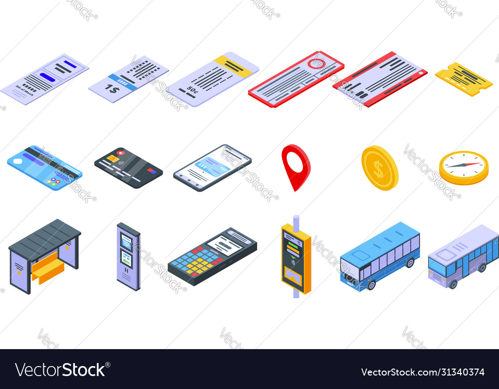 Bus ticketing icons set isometric style Royalty Free Vector