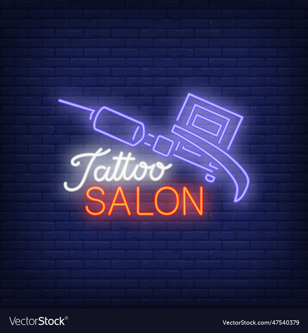 Tattoo salon neon text with machine Royalty Free Vector