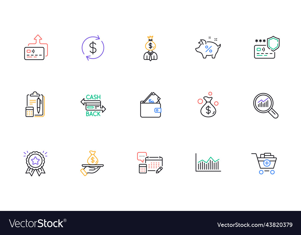 Usd exchange wallet and loan percent line icons Vector Image