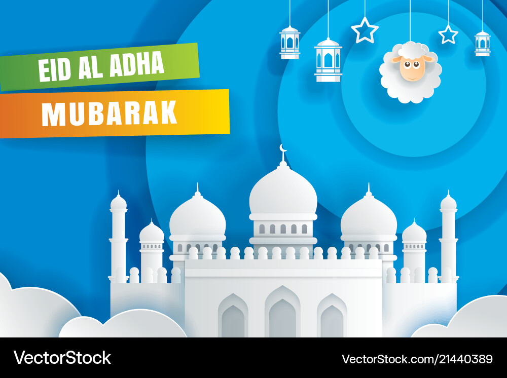 Eid Al Adha Mubarak Celebration Card With Mosque Vector Image