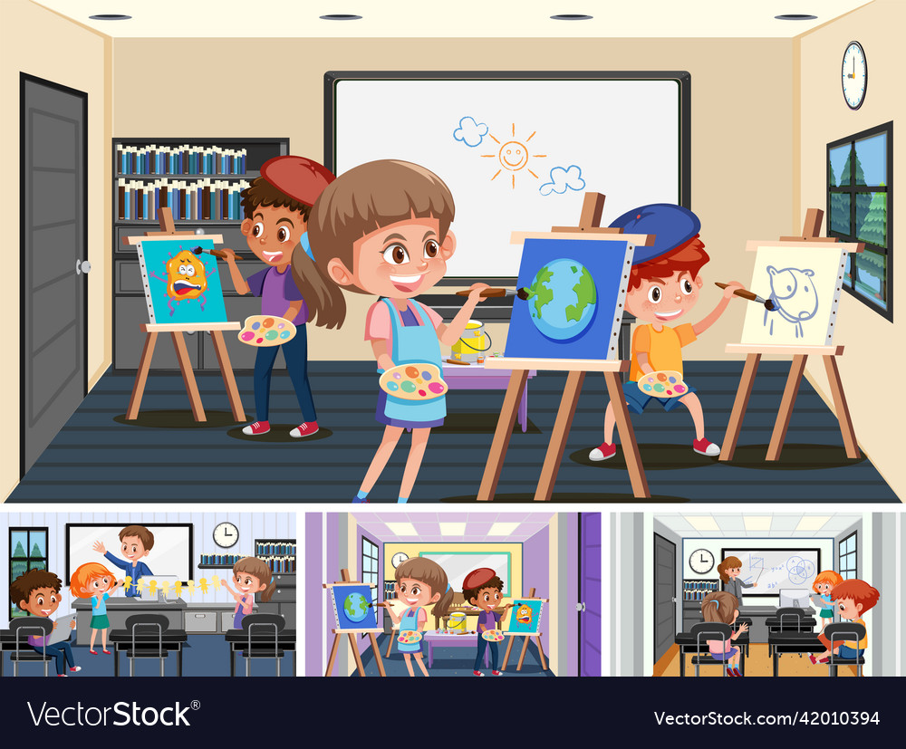 Set of student in the classroom scene Royalty Free Vector