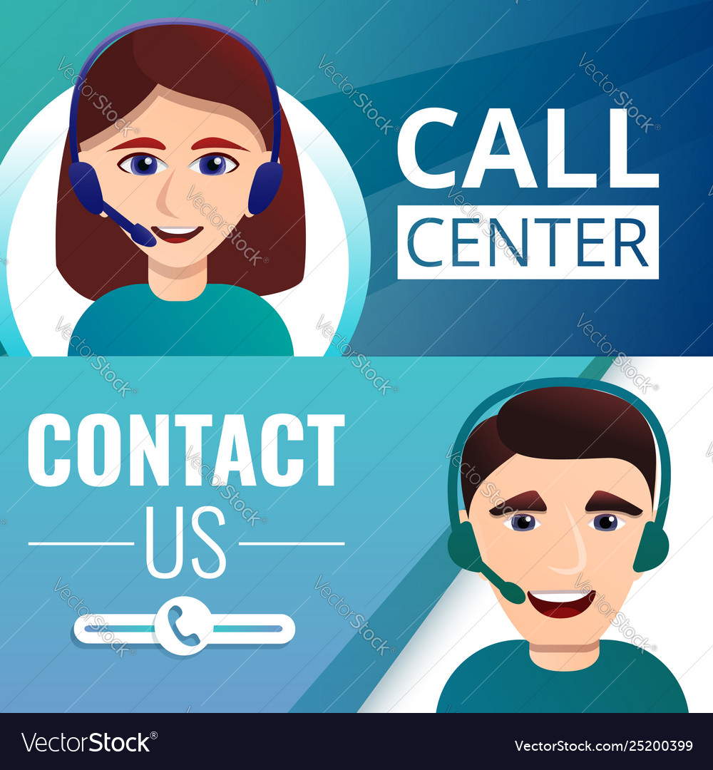 Call Center Employees Banner Set Cartoon Style Vector Image