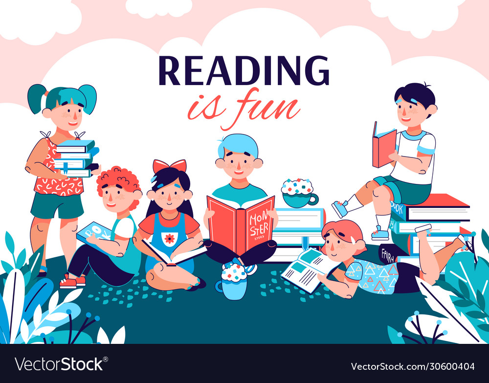 Reading is fun banner with children reading books Vector Image