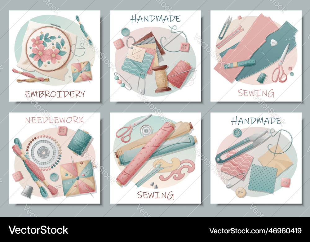 Set of postcards with sewing tools embroidery Vector Image