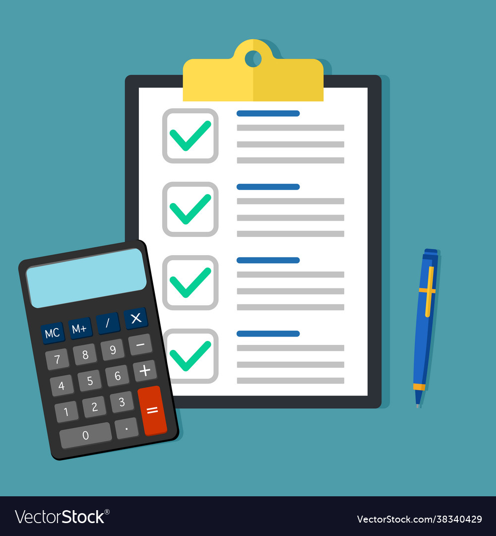 Calculator and pen with notepad paper Royalty Free Vector
