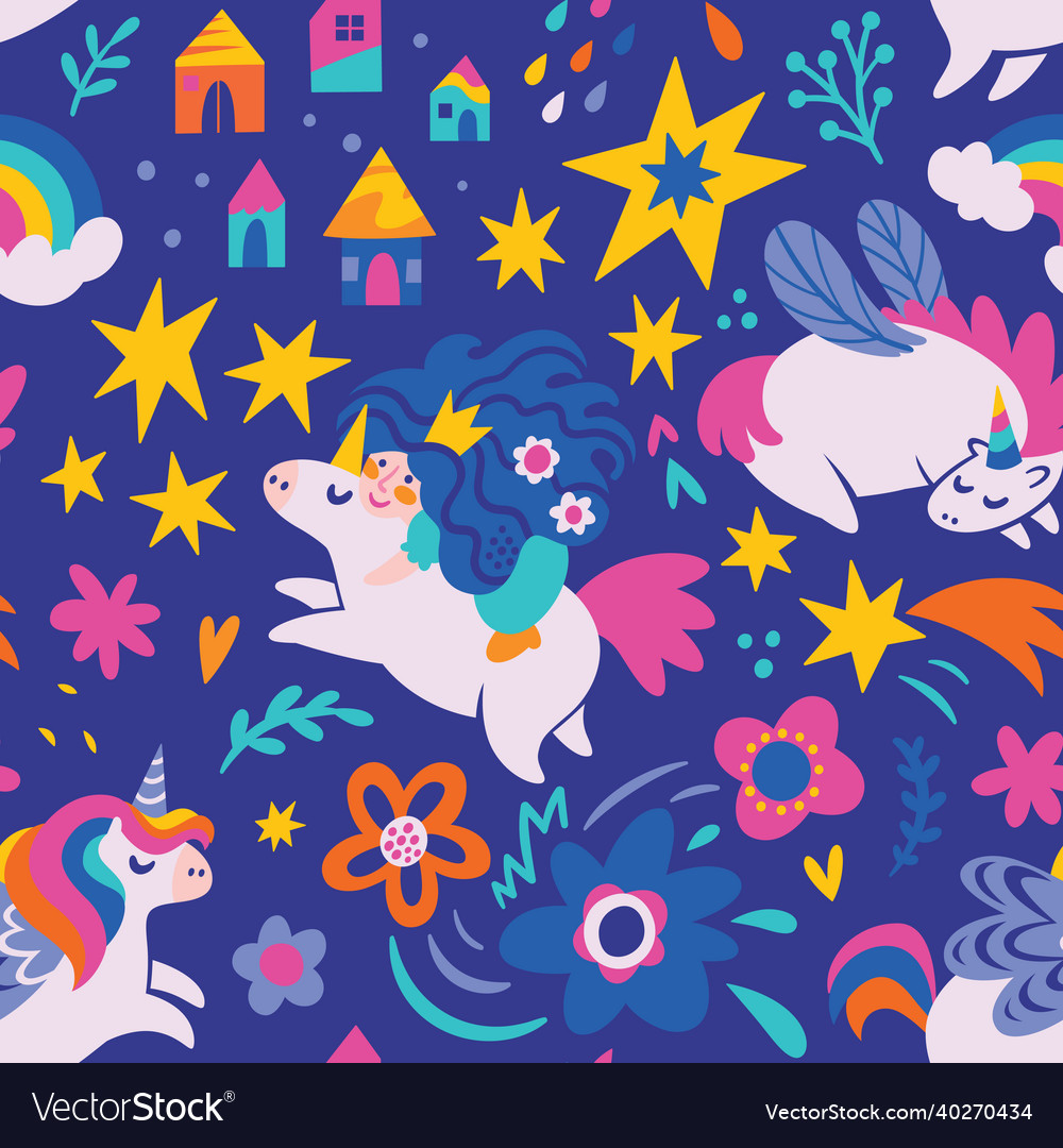 Blue seamless pattern with cute unicorns vector image Blue seamless pattern with cute unicorns