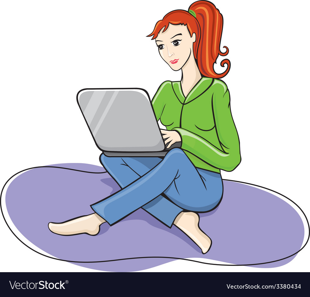 Happy woman girl sitting online on laptop computer