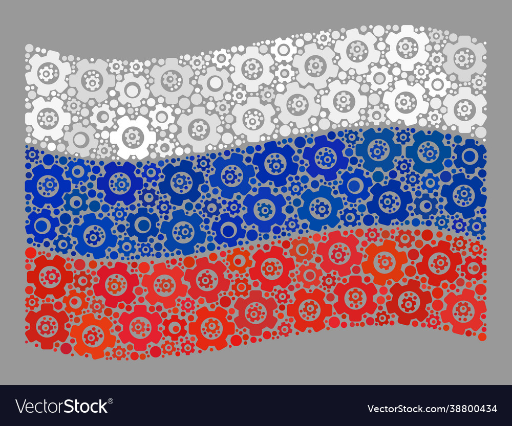 Waving mechanic russia flag - mosaic with cog Vector Image