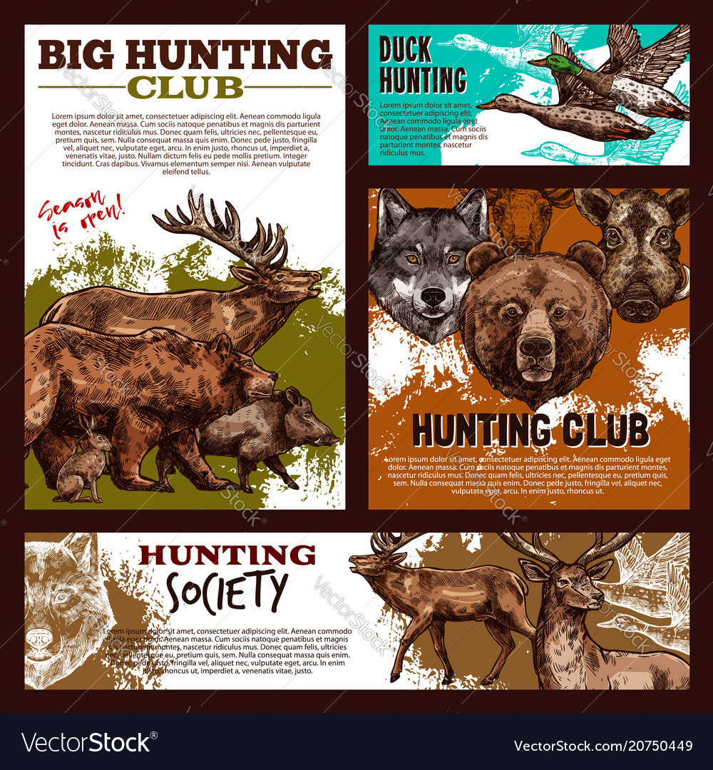 Hunting Banner With Wild Animal And Bird Sketch Vector Image