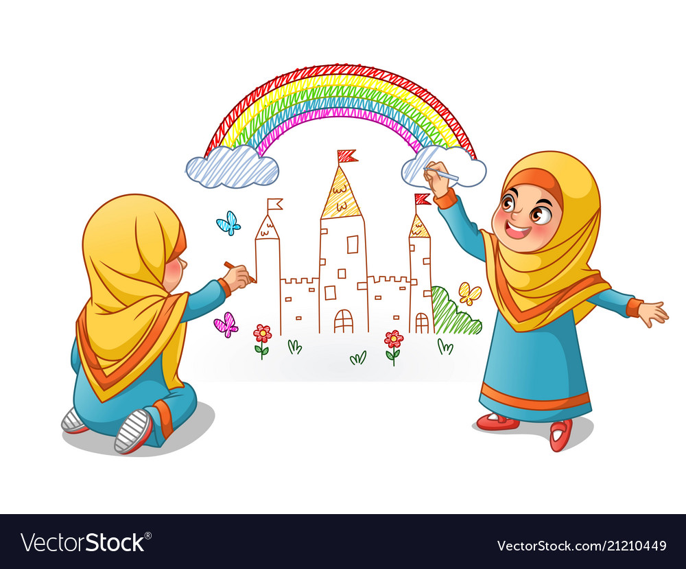 muslim girls draw palace with rainbow on the wall vector image