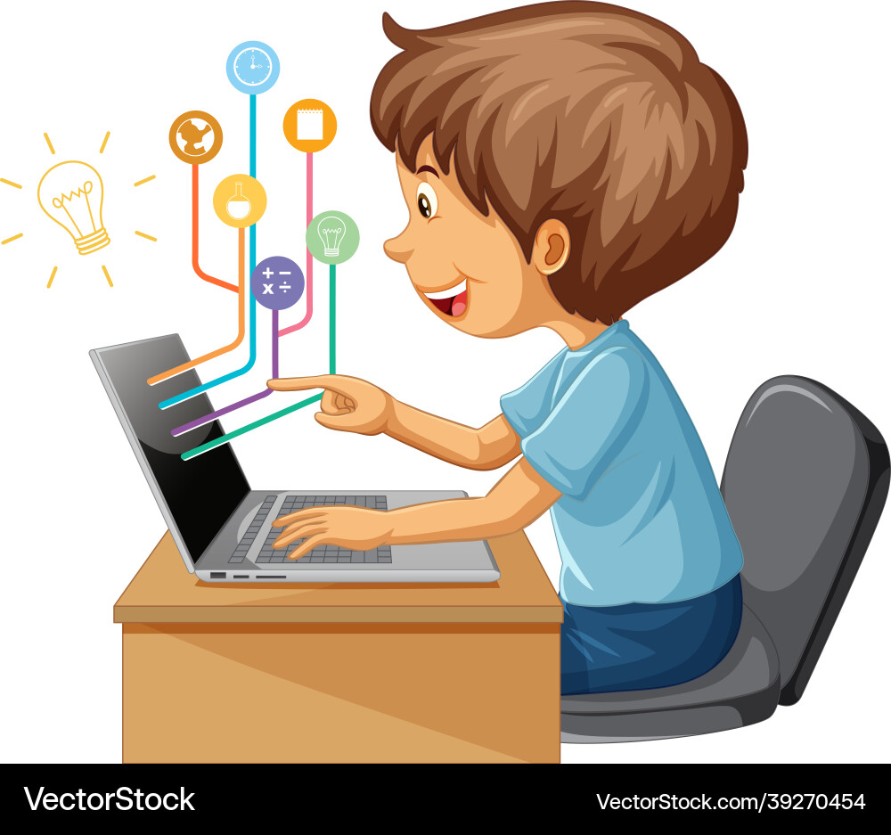 A boy using laptop computer for distance learning Vector Image